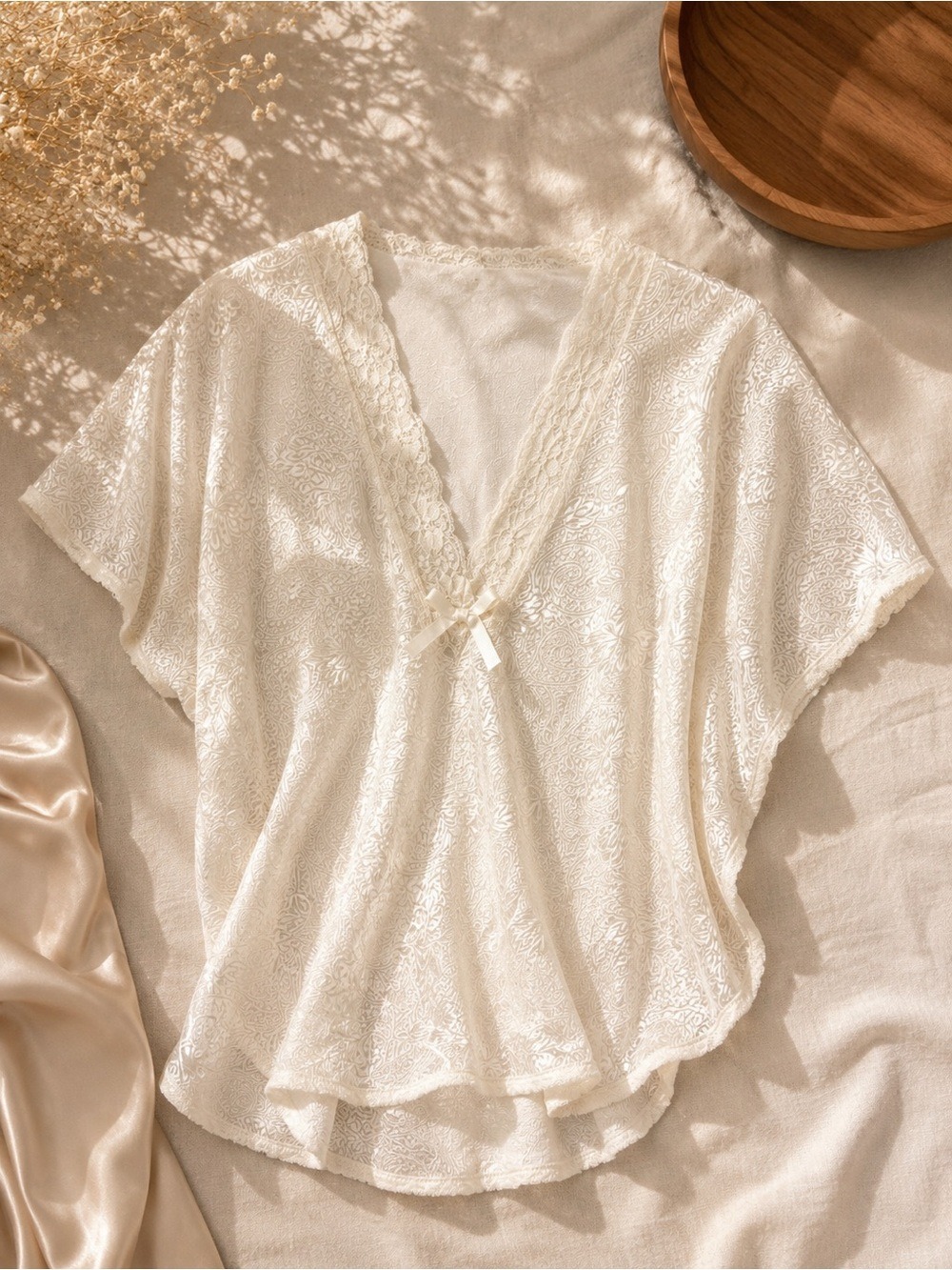 Vintage St. Michael UK Made Satin Jacquard Lace Lounge Top • Size 14 / EU 42